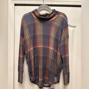 LuLaRoe Plaid Aubrey Cowlneck Top in Blue, Red, and Tan